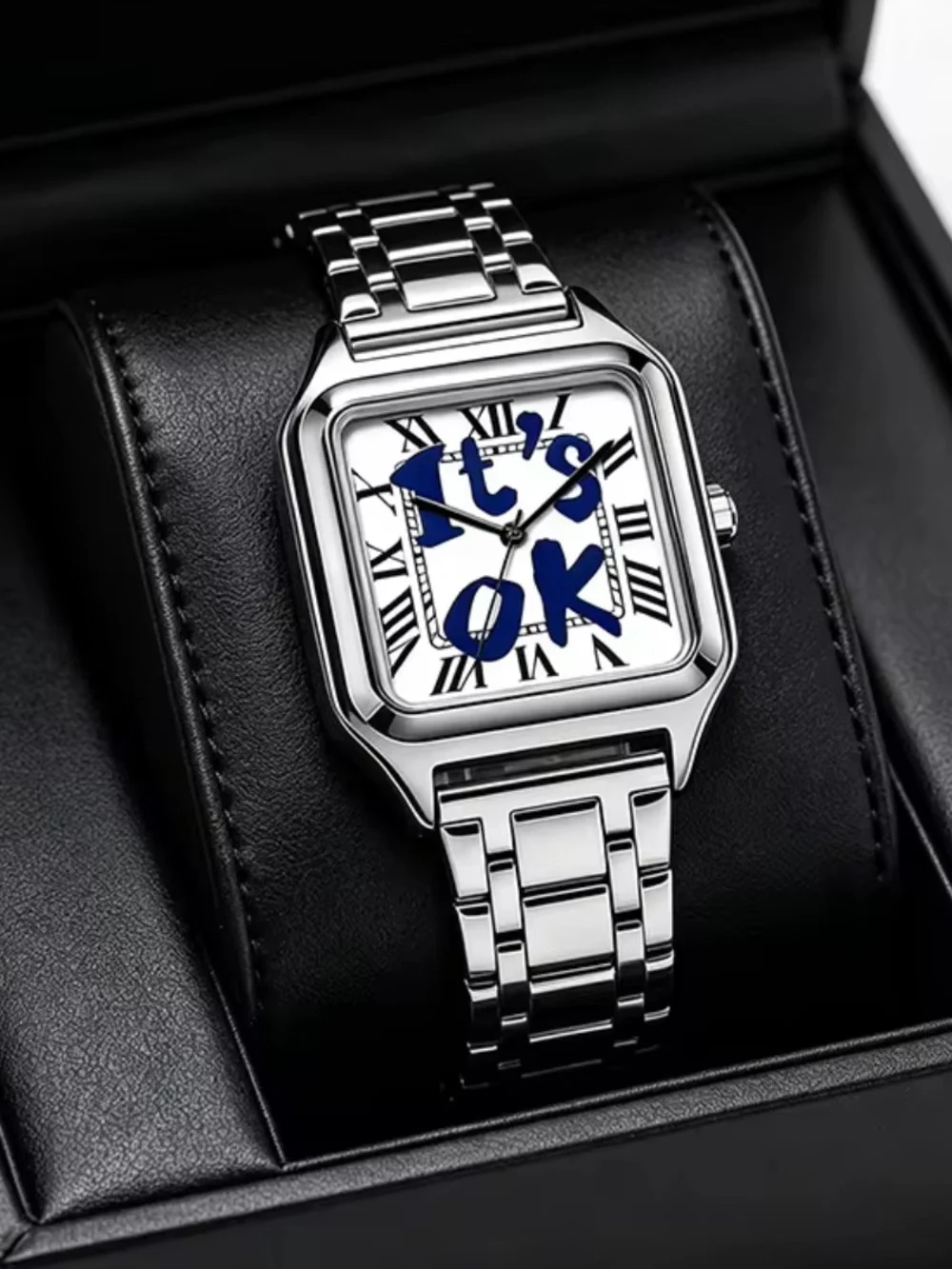 Men's Silver Square Dial Watch with Linked Bracelet - Blue Accents